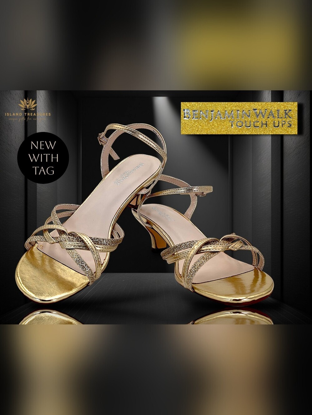 Benjamin Walk Size 9.5 Champagne Gold Glitter Kitten Heel Sandals Strappy Sandal